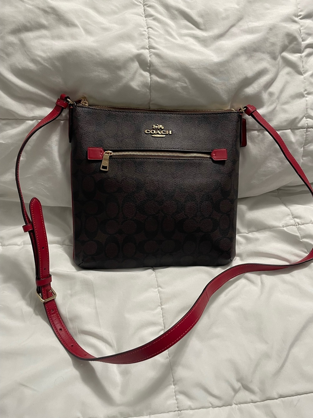 Coach Brown Signature Crossbody with Red Trim